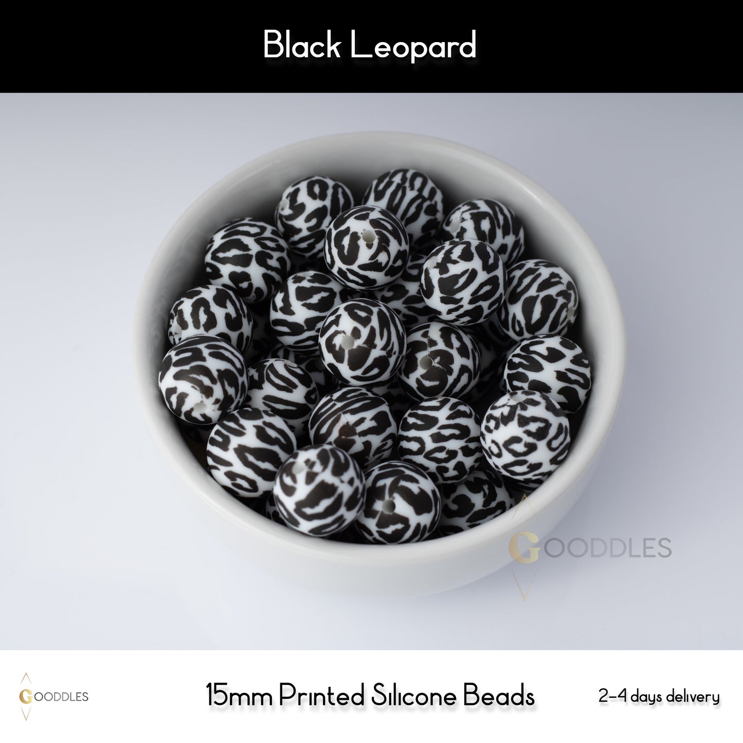 5pcs, Black Leopard Silicone Beads Printed Round Silicone Beads