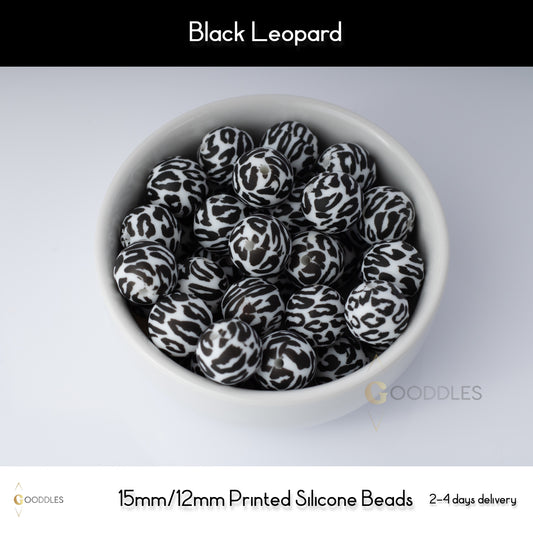 5pcs, Black Leopard Silicone Beads Printed Round Silicone Beads