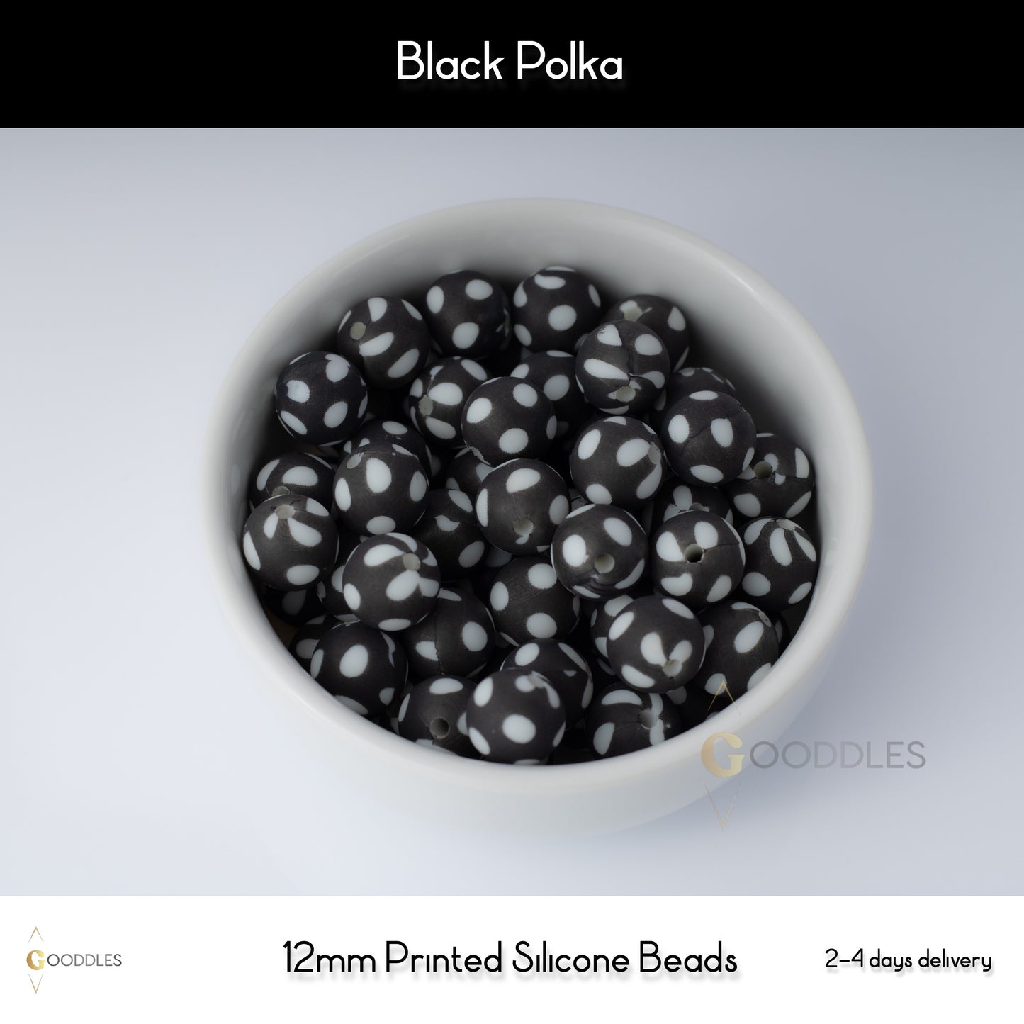 5pcs, Black Polka Silicone Beads Printed Round Silicone Beads