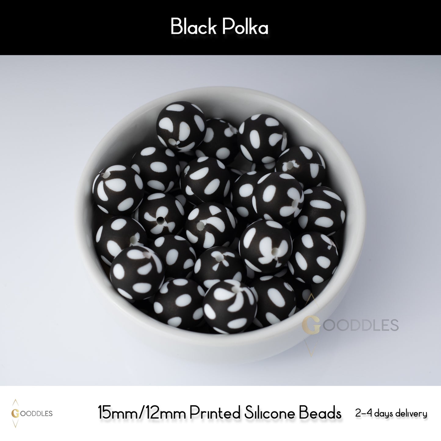 5pcs, Black Polka Silicone Beads Printed Round Silicone Beads