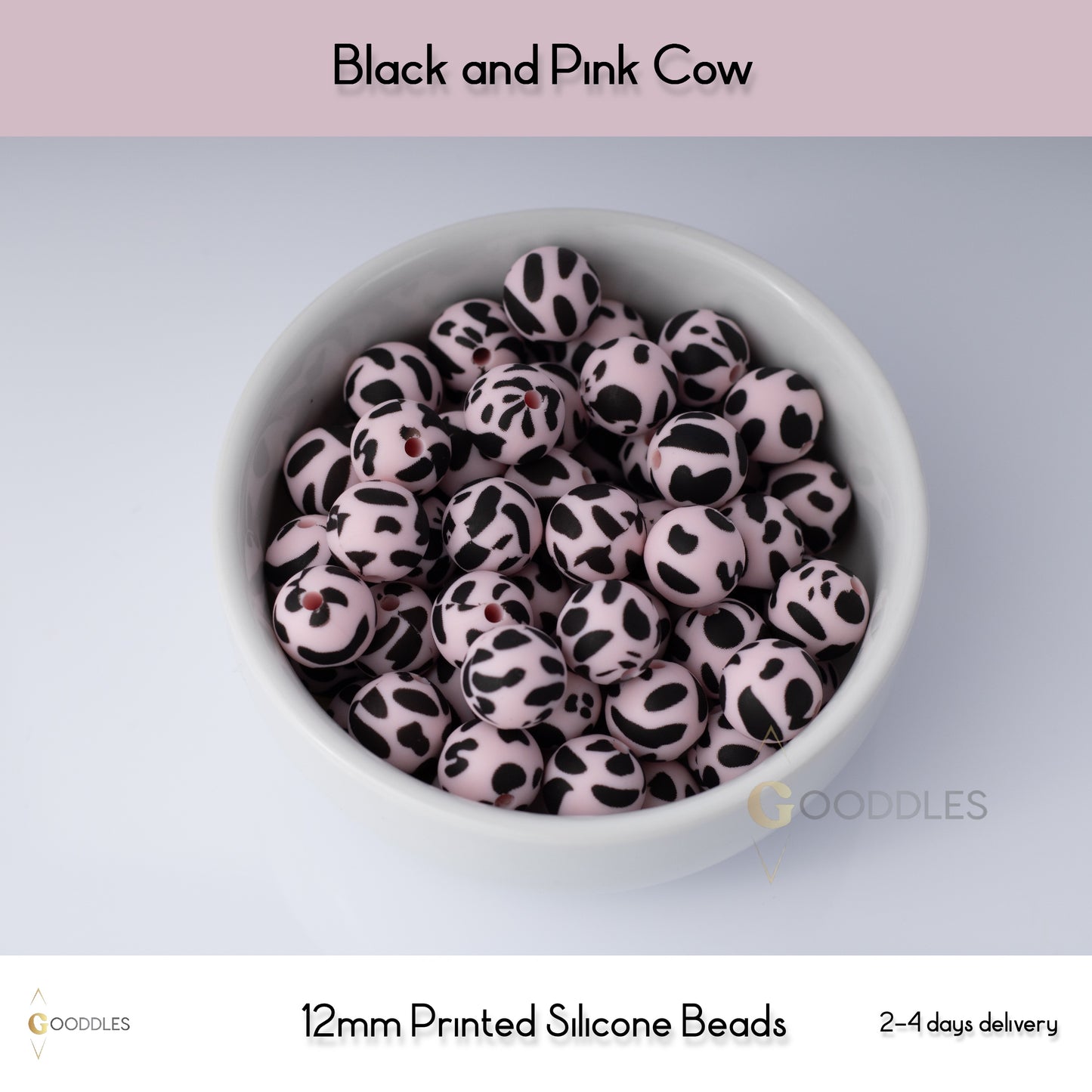 5pcs, Black and Pink Cow Silicone Beads Printed Round Silicone Beads
