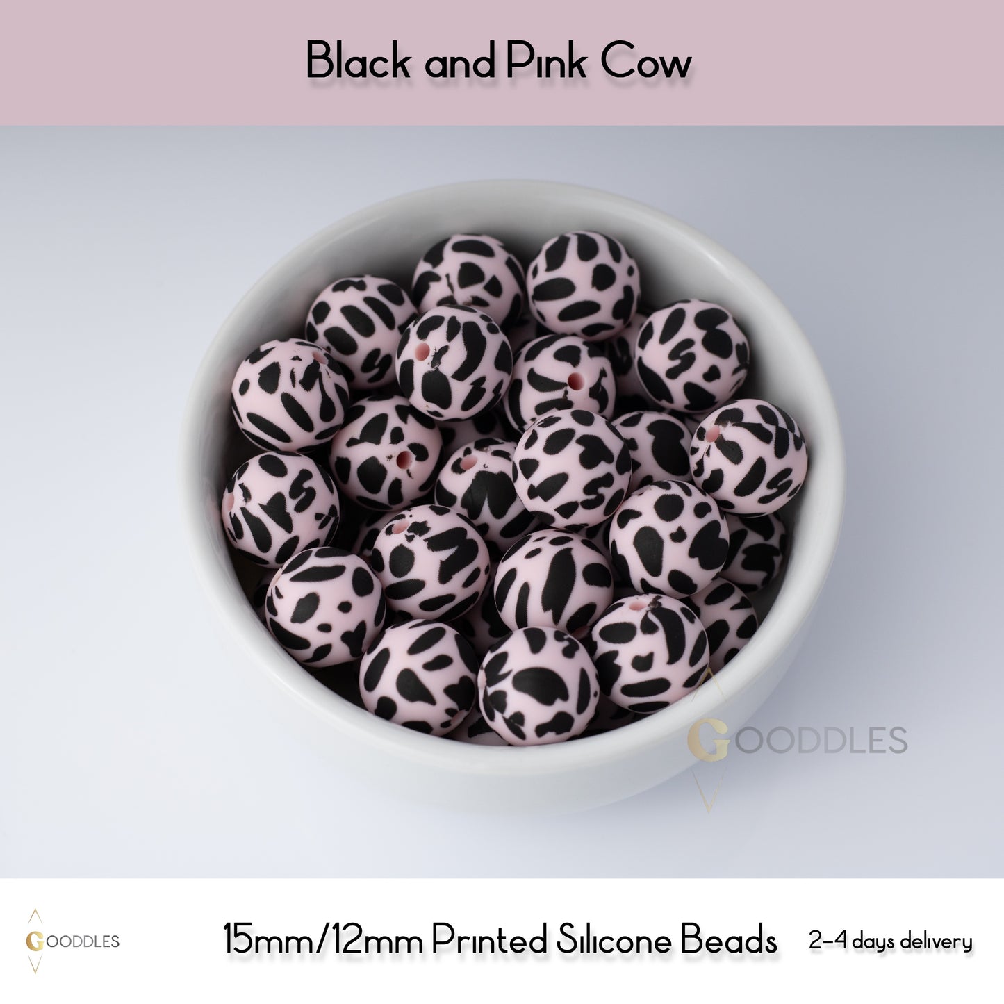 5pcs, Black and Pink Cow Silicone Beads Printed Round Silicone Beads