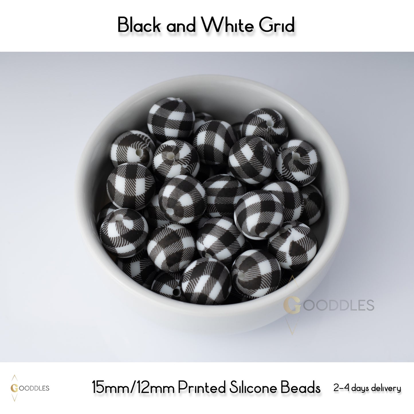 5pcs, Black and White Grid Silicone Beads Printed Round Silicone Beads