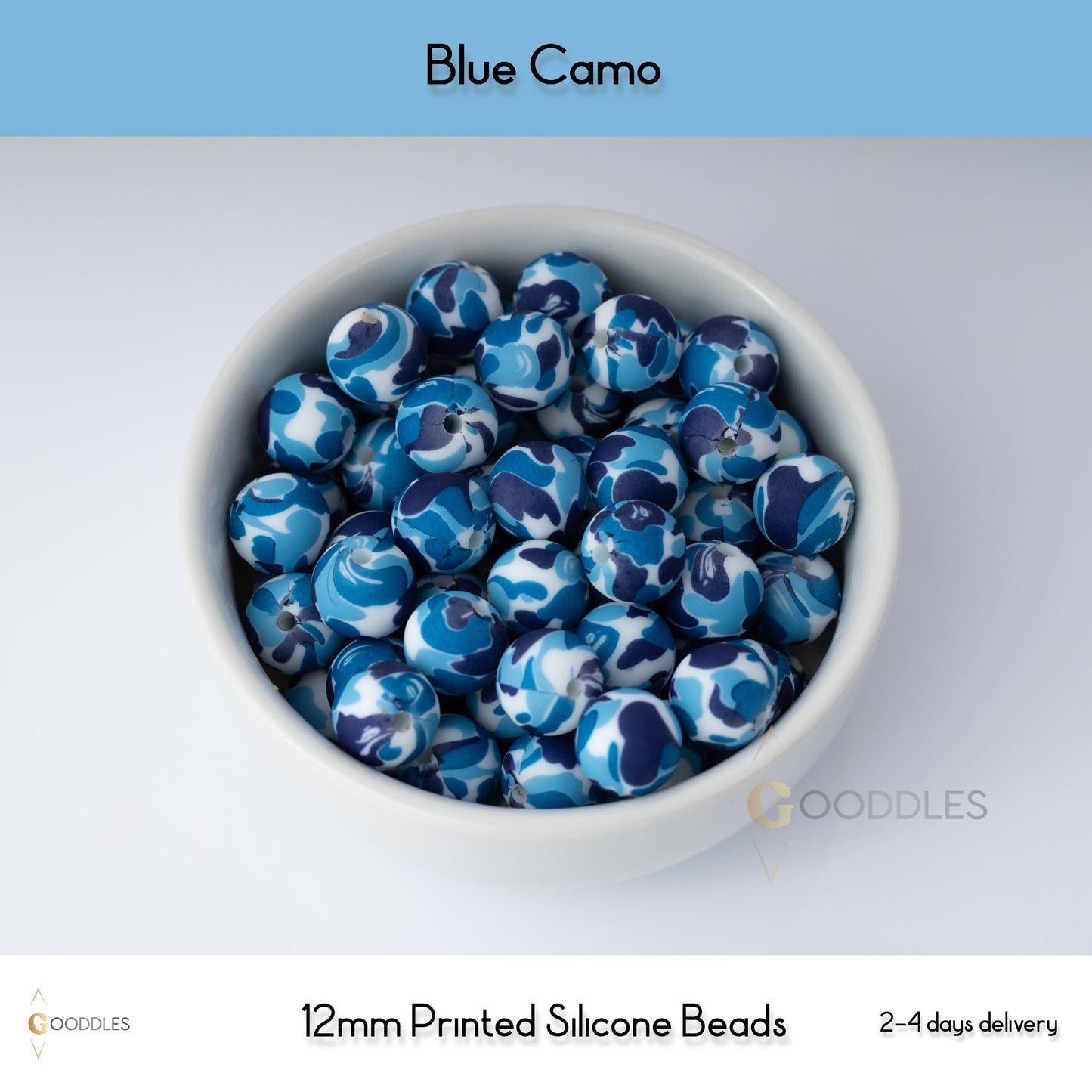 5pcs, Blue Camo Silicone Beads Printed Round Silicone Beads