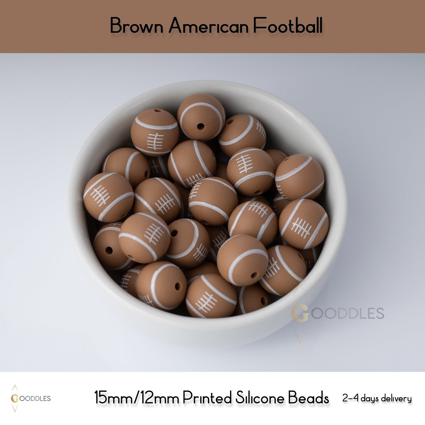 5pcs, Brown American Football Silicone Beads Printed Round Silicone Beads