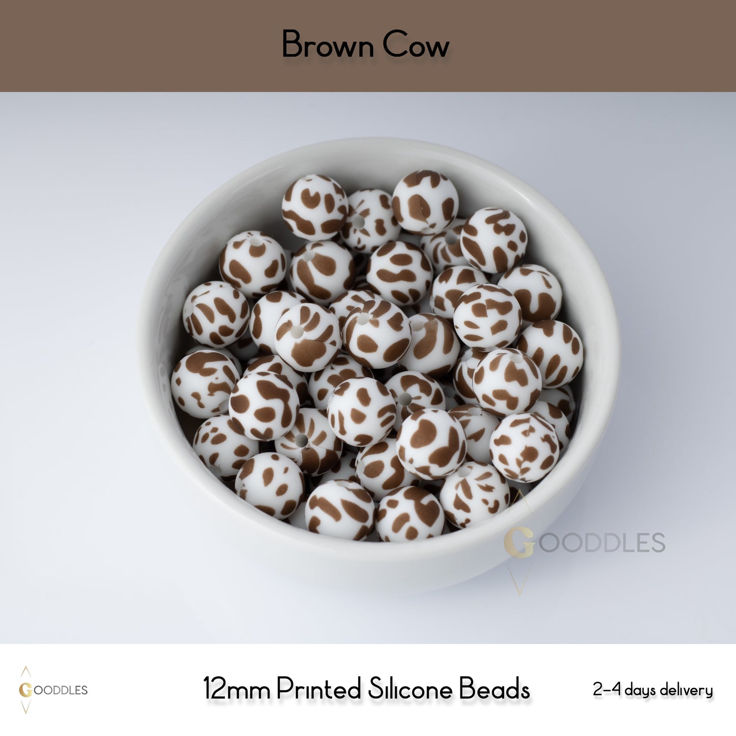 5pcs, Brown Cow Silicone Beads Printed Round Silicone Beads