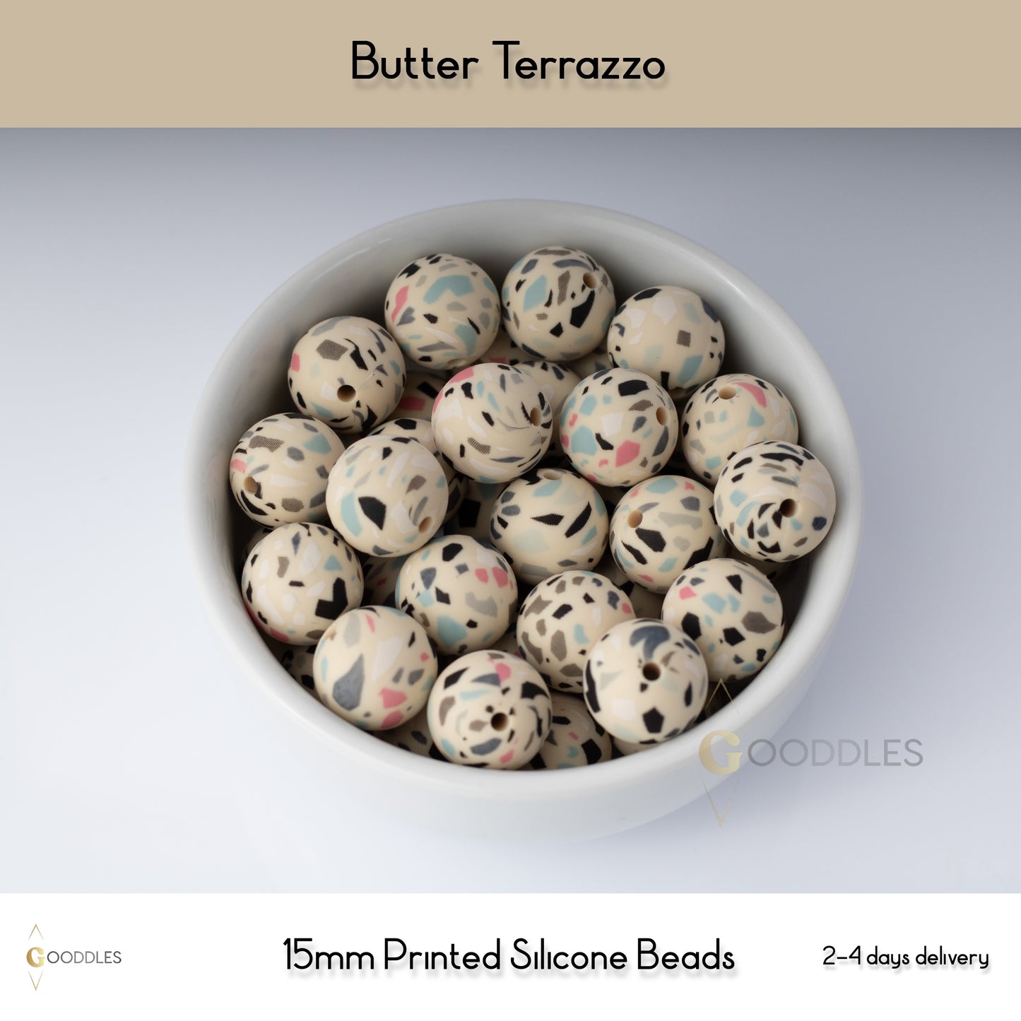 5pcs, Butter Terrazzo Silicone Beads Printed Round Silicone Beads