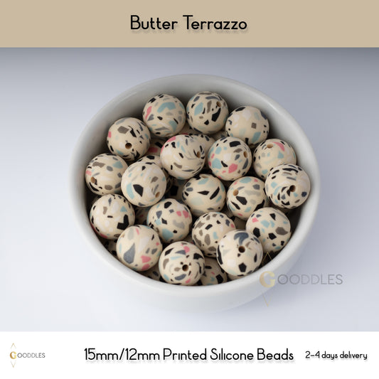 Butter Terrazzo Silicone Beads Printed Round Silicone Beads