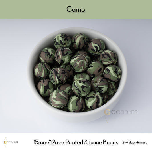5pcs, Camo Silicone Beads Printed Round Silicone Beads