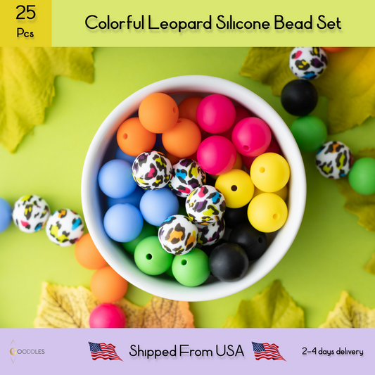 25pcs, Colorful Leopard Silicone Bead Mix Round Silicone Beads