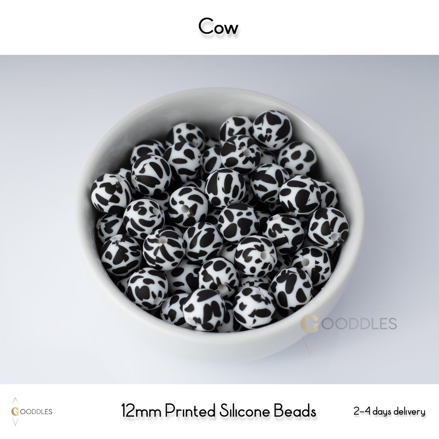 5pcs, Cow Silicone Beads Printed Round Silicone Beads