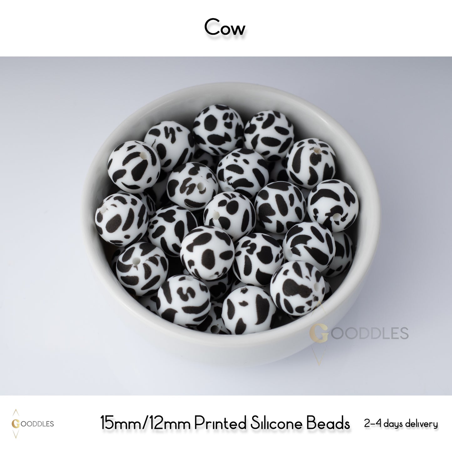 5pcs, Cow Silicone Beads Printed Round Silicone Beads