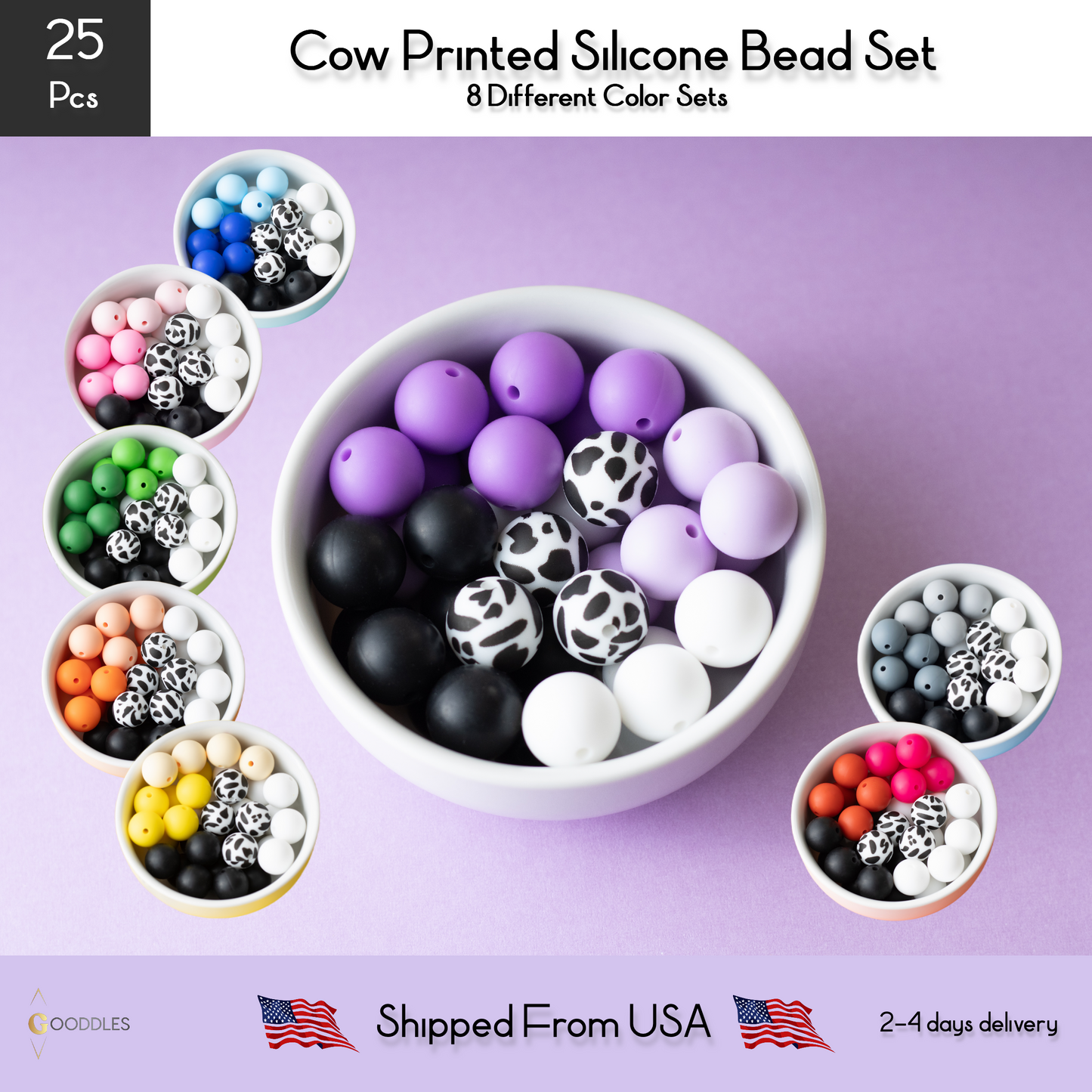 25pcs, Cow Silicone Bead Mix Round Silicone Beads