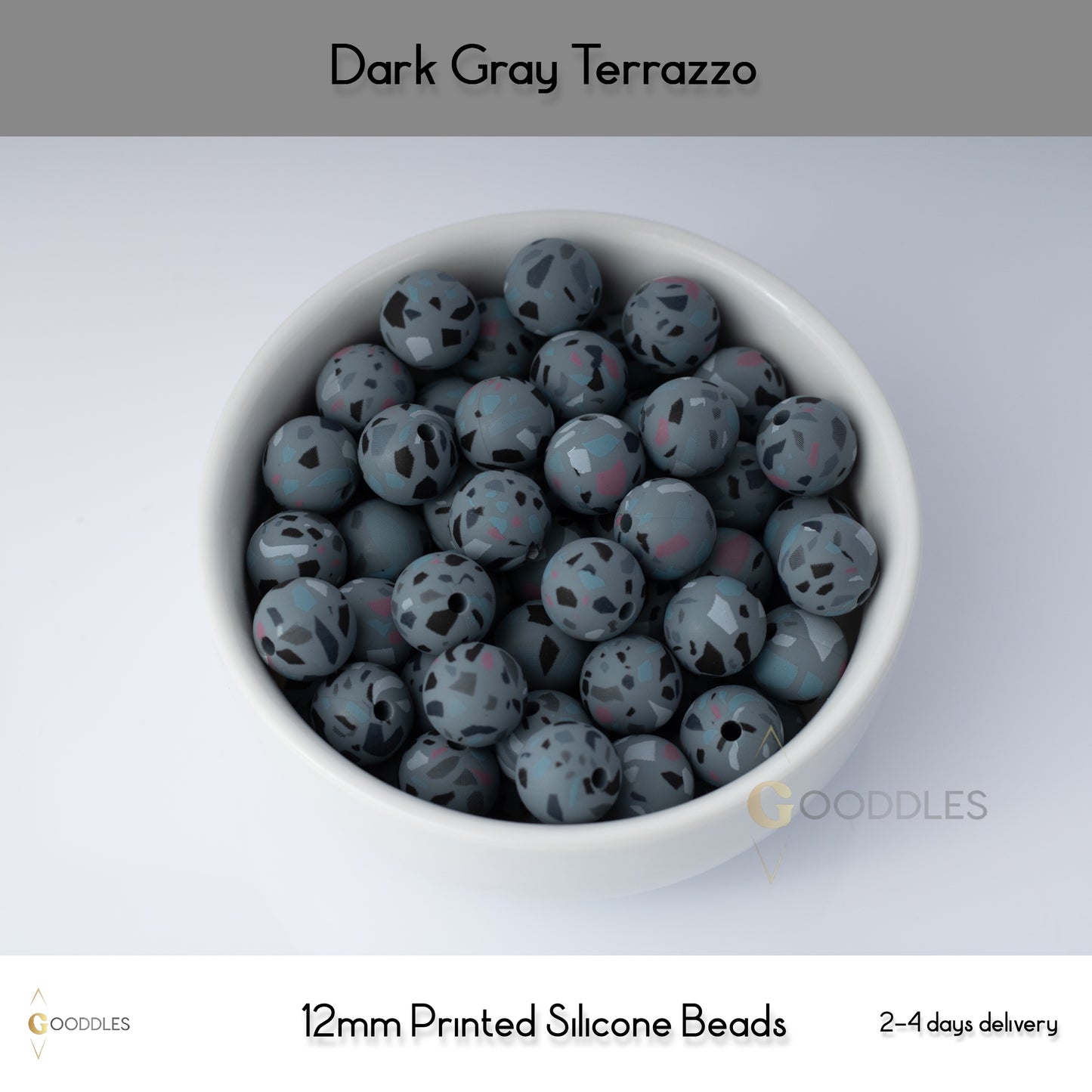 5pcs, Dark Gray Terrazzo Silicone Beads Printed Round Silicone Beads