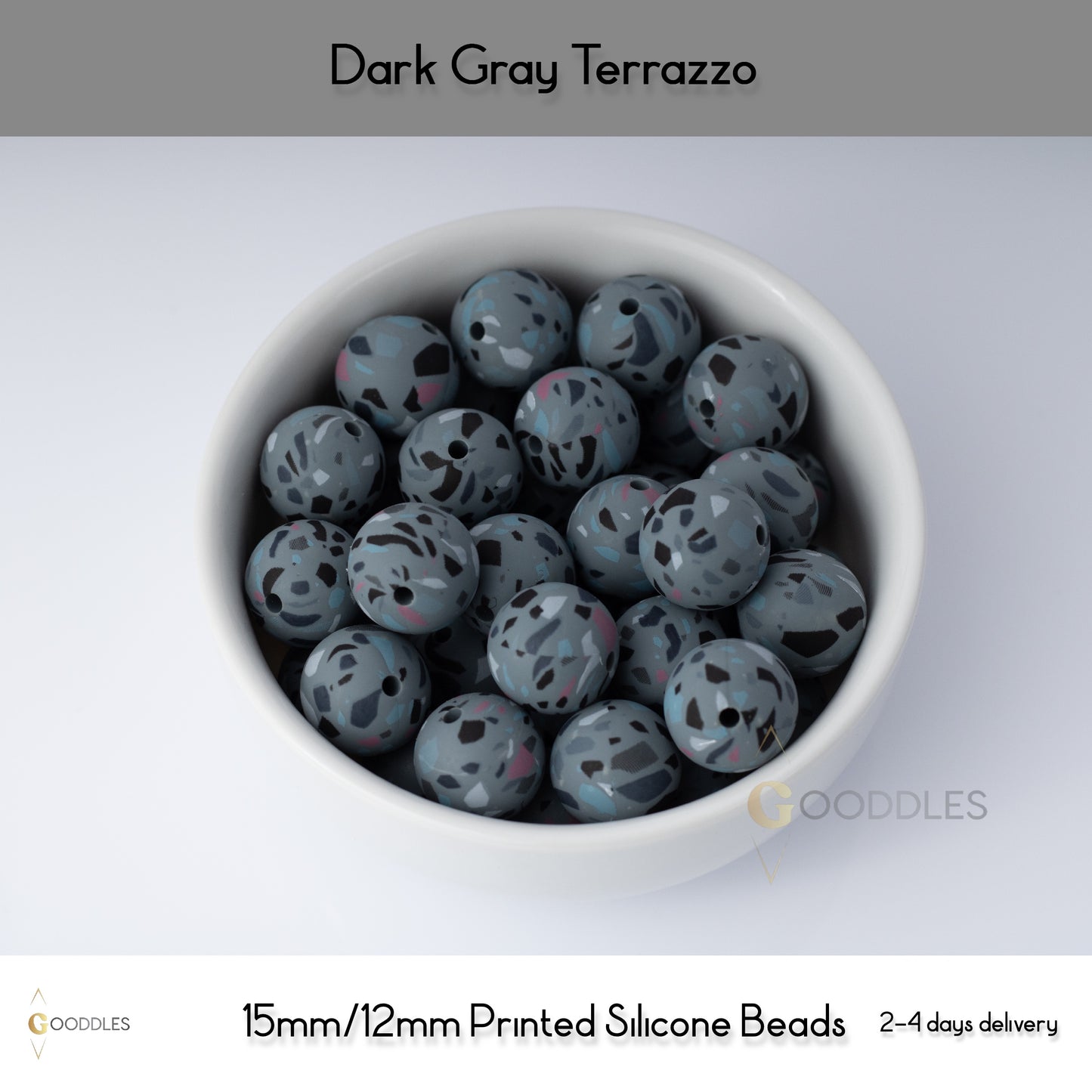 5pcs, Dark Gray Terrazzo Silicone Beads Printed Round Silicone Beads