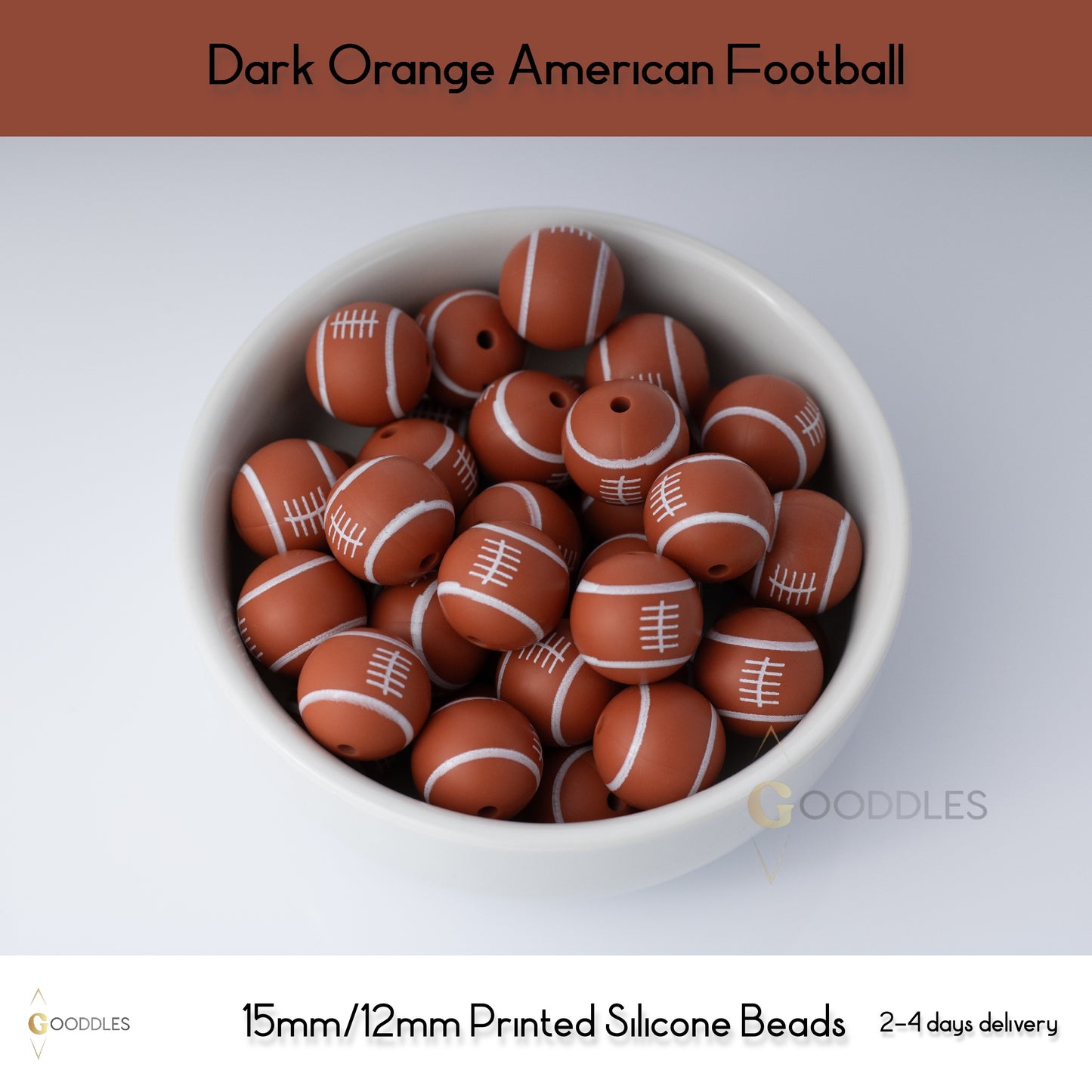 5pcs, Dark Orange American Football Silicone Beads Printed Round Silicone Beads
