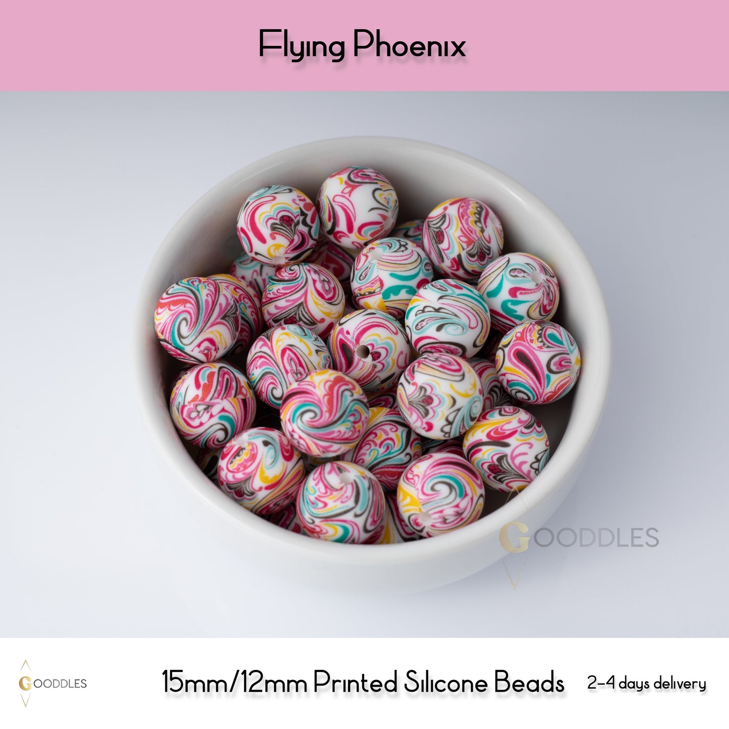 5pcs, Flying Phoenix Silicone Beads Printed Round Silicone Beads