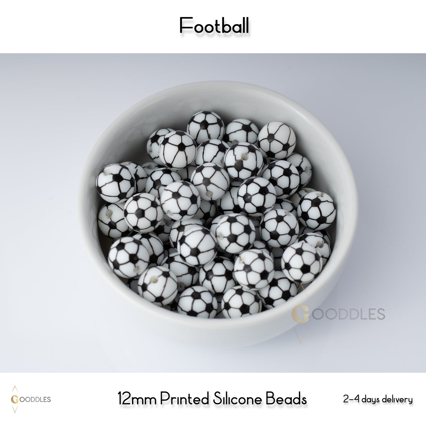 5pcs, Football Silicone Beads Printed Round Silicone Beads