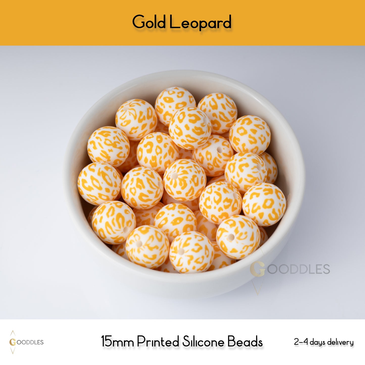 5pcs, Gold Leopard Silicone Beads Printed Round Silicone Beads