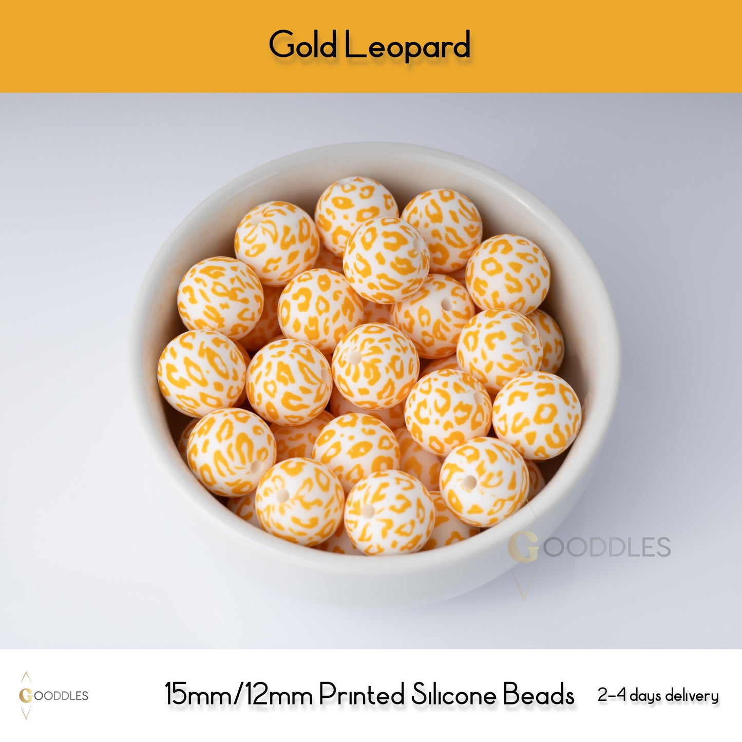 5pcs, Gold Leopard Silicone Beads Printed Round Silicone Beads