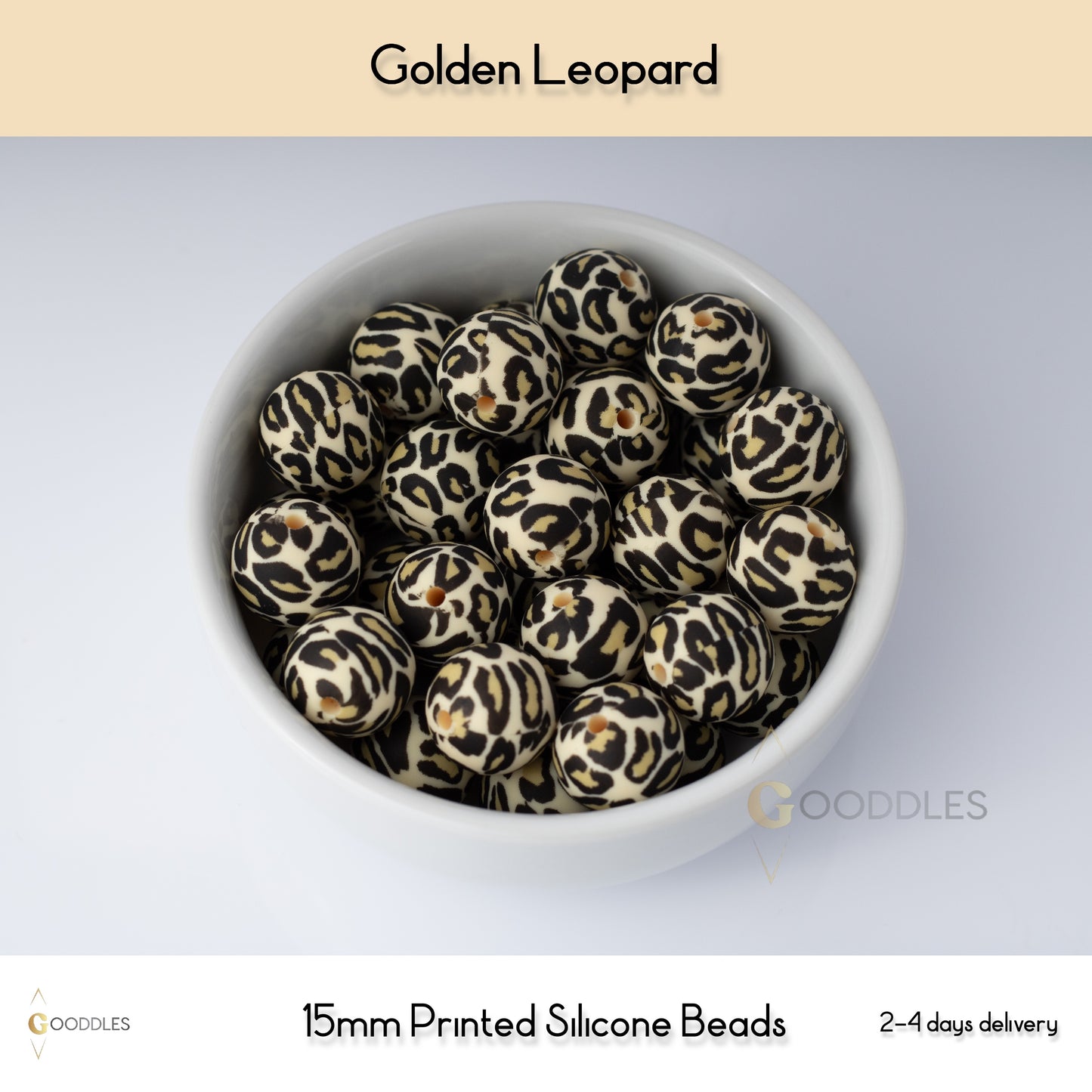 5pcs, Golden Leopard Silicone Beads Printed Round Silicone Beads