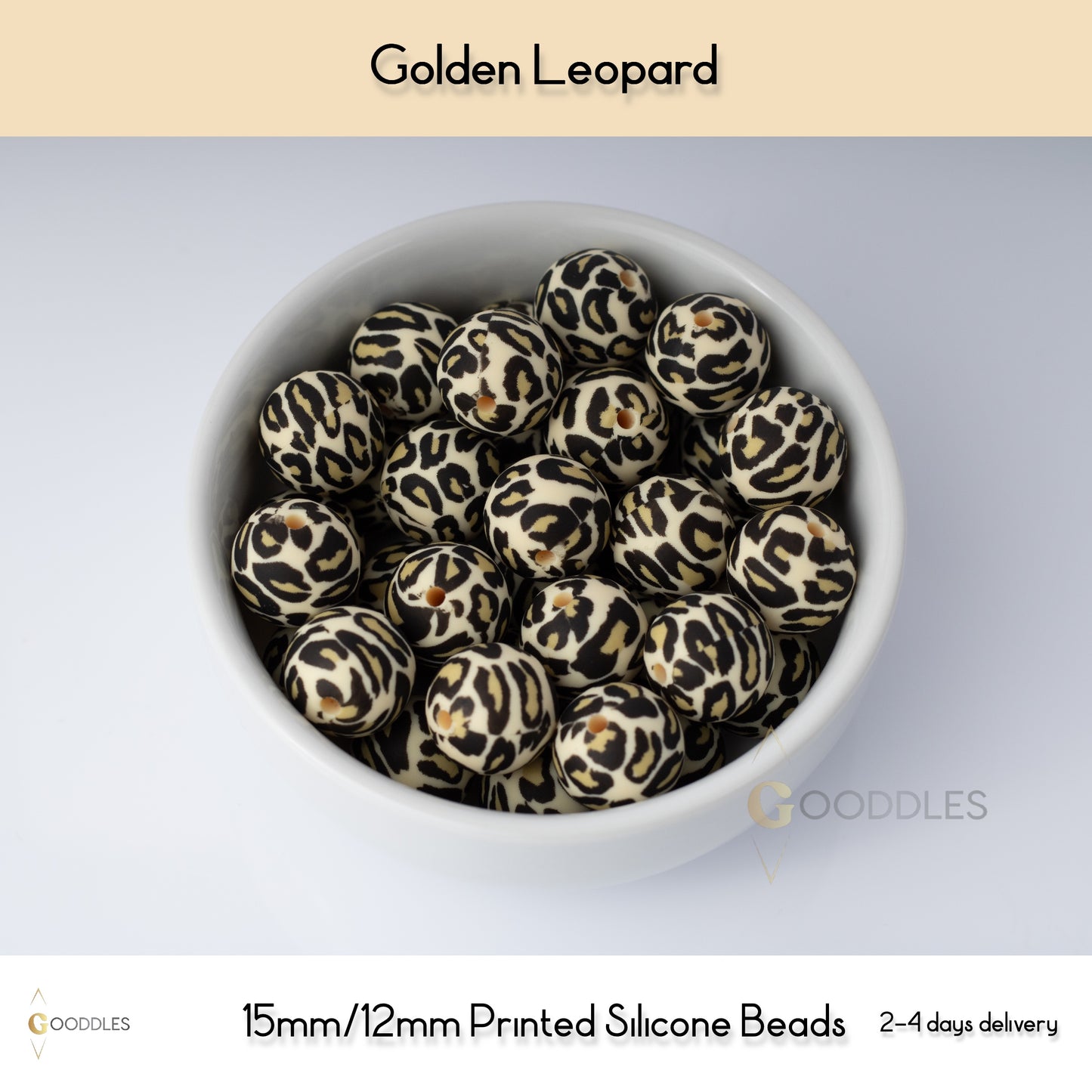 5pcs, Golden Leopard Silicone Beads Printed Round Silicone Beads