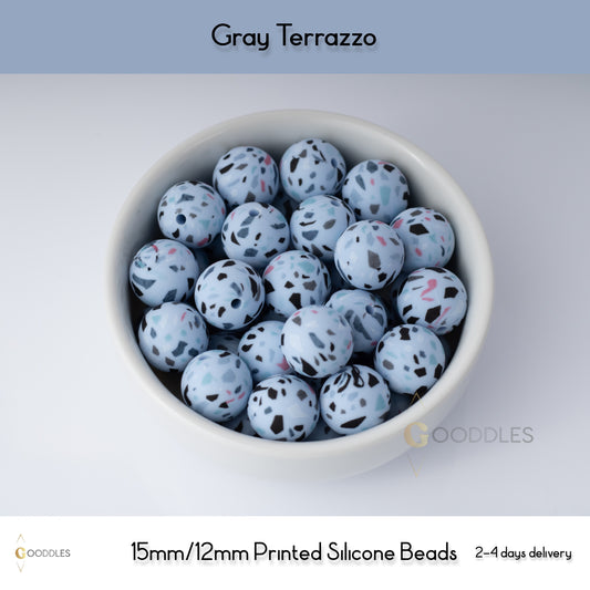 Gray Terrazzo Silicone Beads Printed Round Silicone Beads