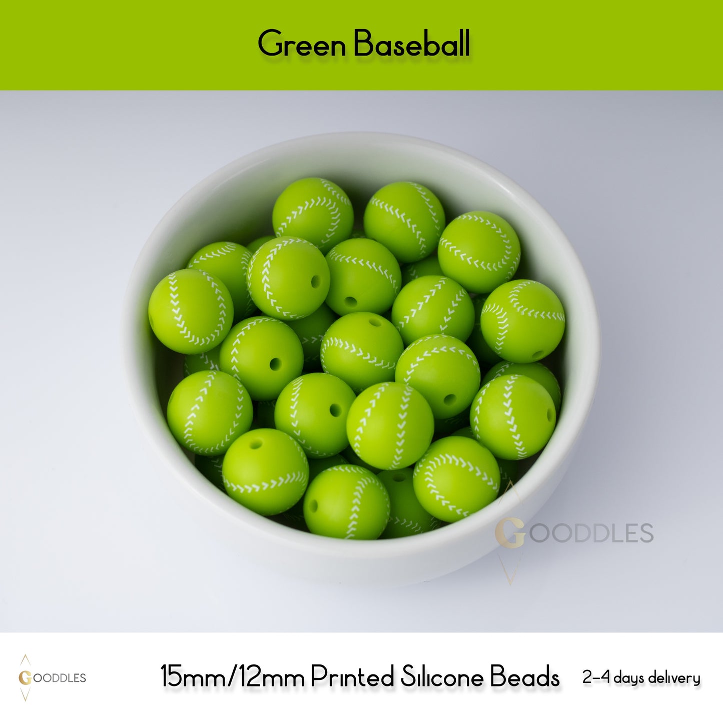 5pcs, Green Baseball Silicone Beads Printed Round Silicone Beads