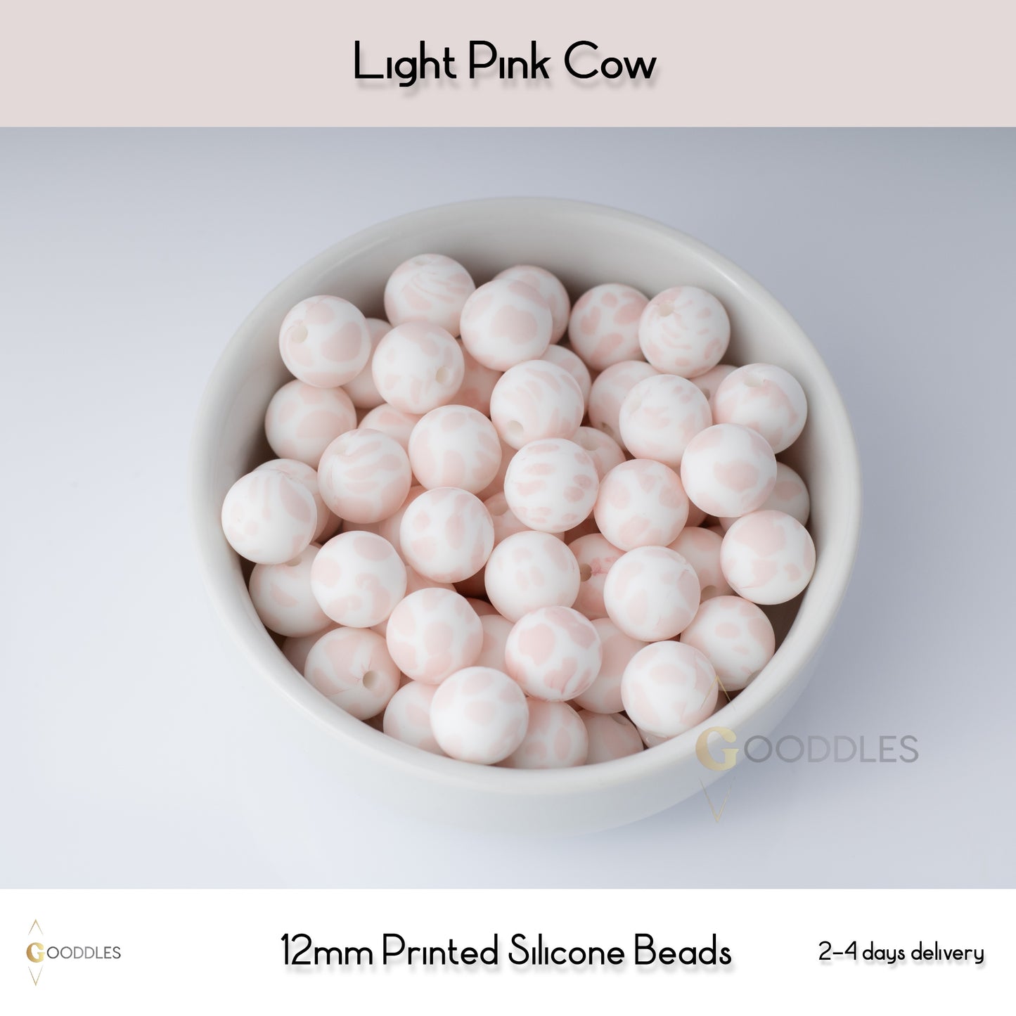5pcs, Light Pink Cow Silicone Beads Printed Round Silicone Beads