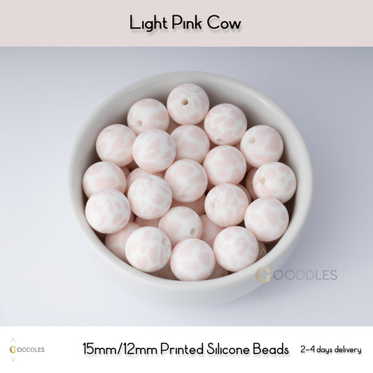 Light Pink Cow Silicone Beads Printed Round Silicone Beads