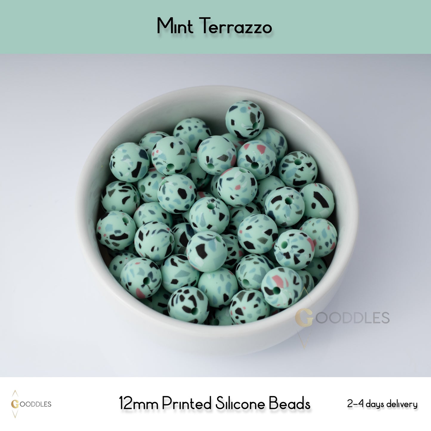 5pcs, Mint Terrazzo Silicone Beads Printed Round Silicone Beads