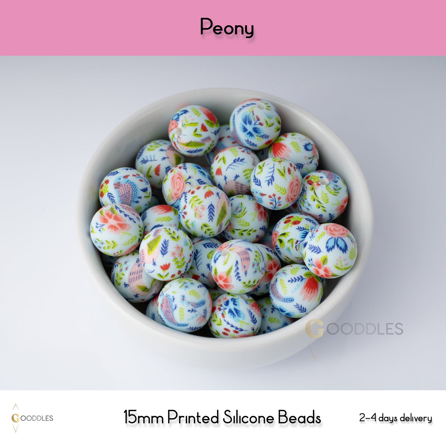 5pcs, Peony Silicone Beads Printed Round Silicone Beads