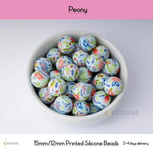 Peony Silicone Beads Printed Round Silicone Beads