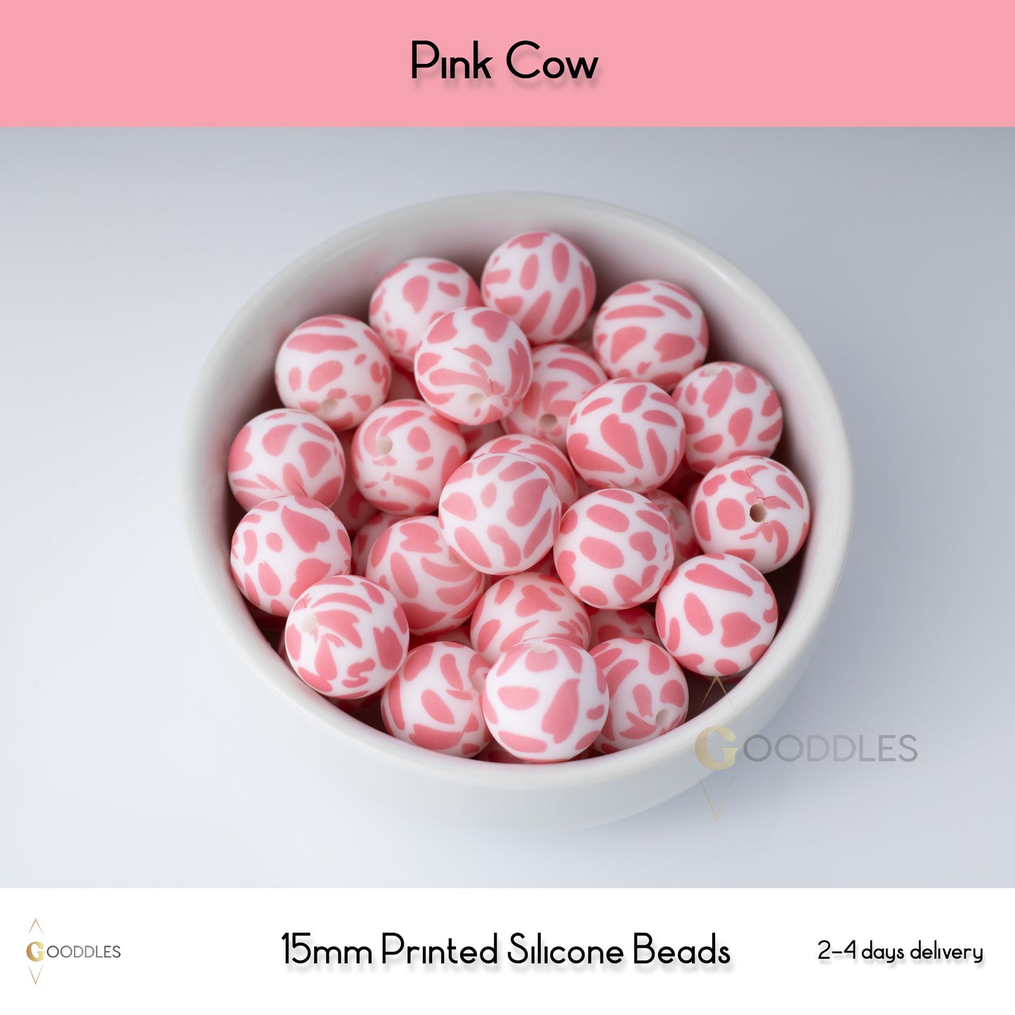 Pink Cow Silicone Beads Printed Round Silicone Beads