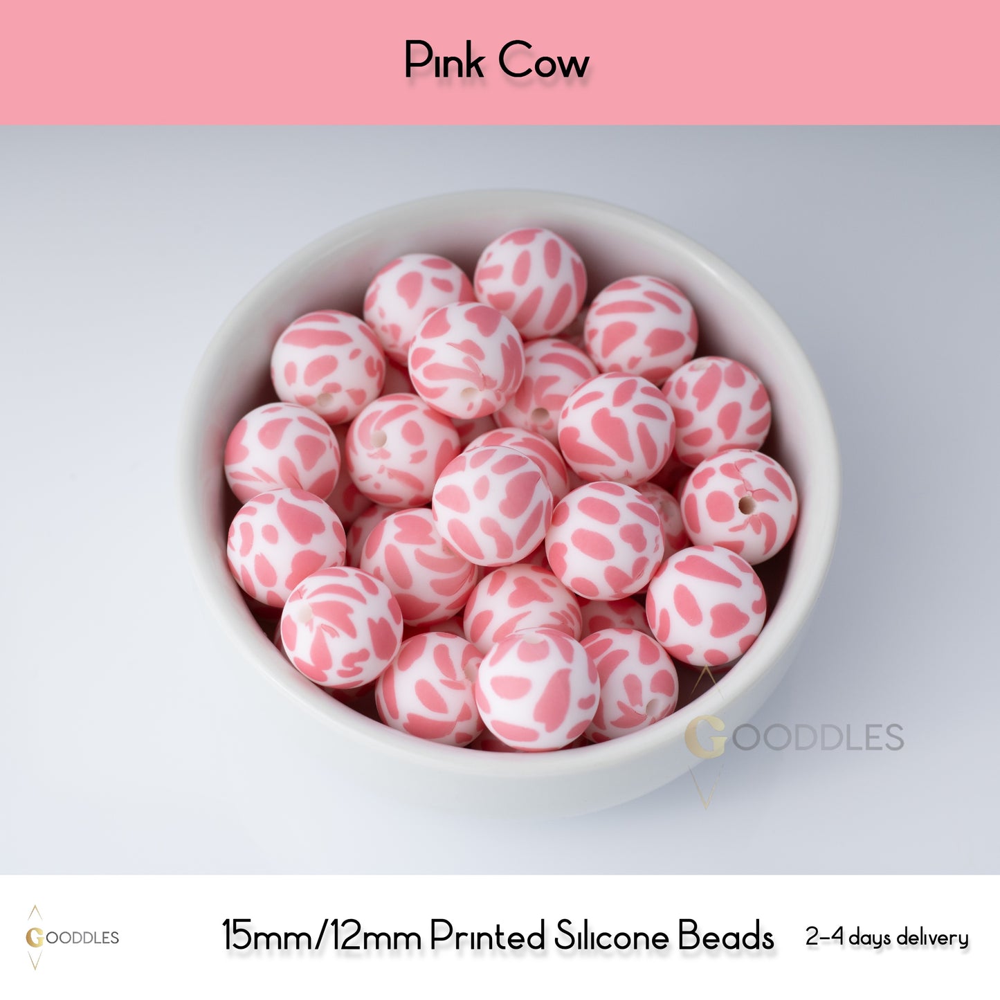 5pcs, Pink Cow Silicone Beads Printed Round Silicone Beads