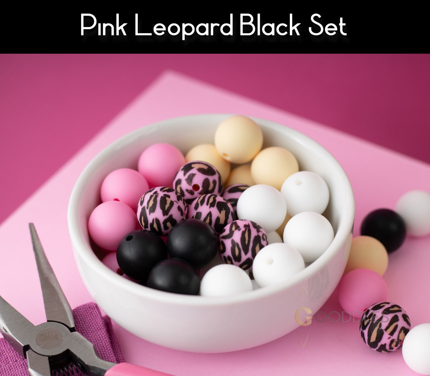 25pcs, Pink Leopard Silicone Bead Mix Round Silicone Beads