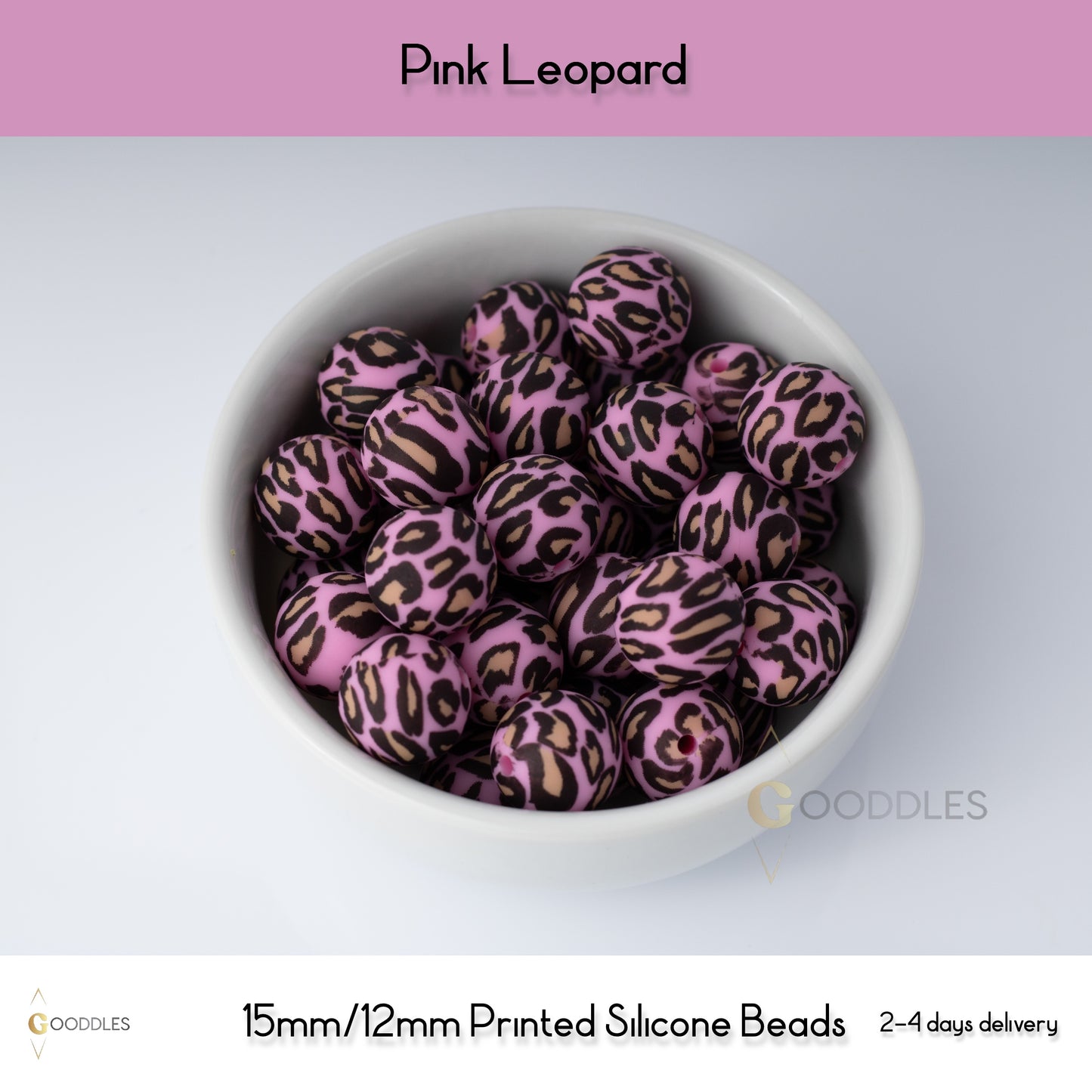 5pcs, Pink Leopard Silicone Beads Printed Round Silicone Beads