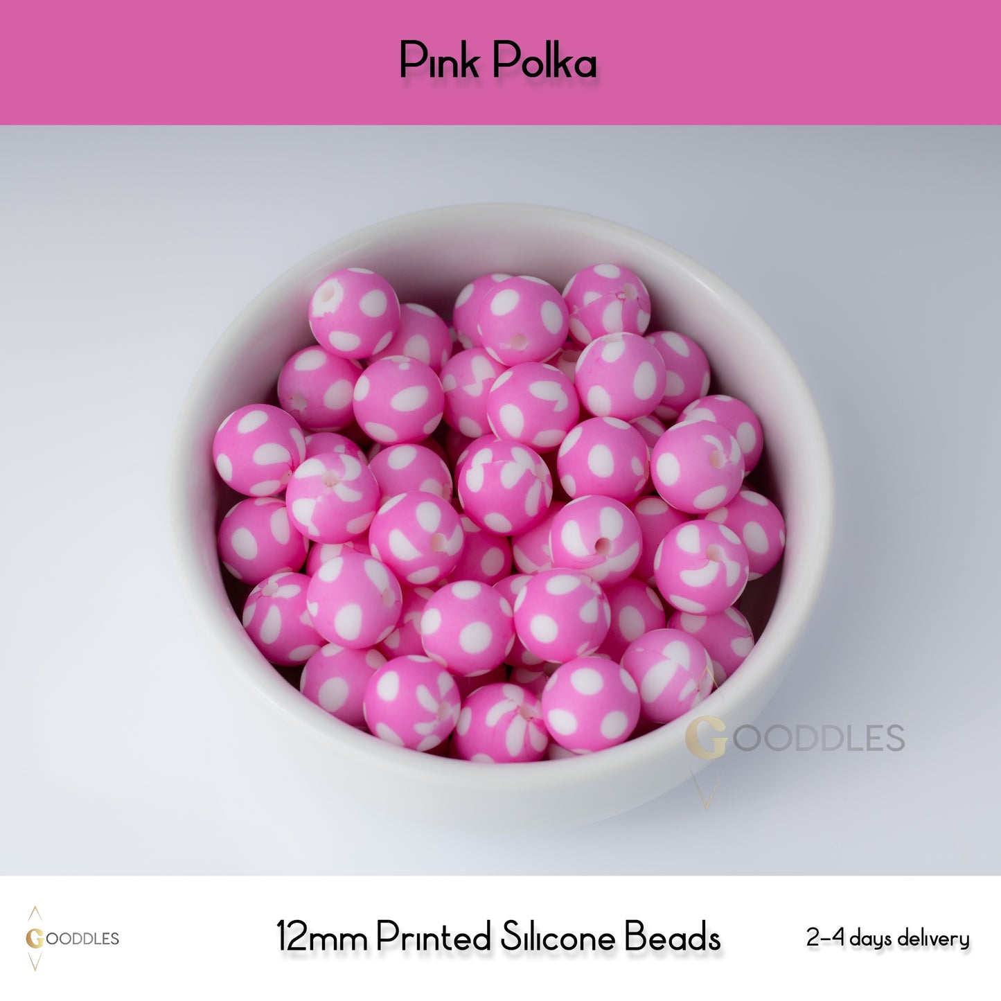 Pink Polka Silicone Beads Printed Round Silicone Beads