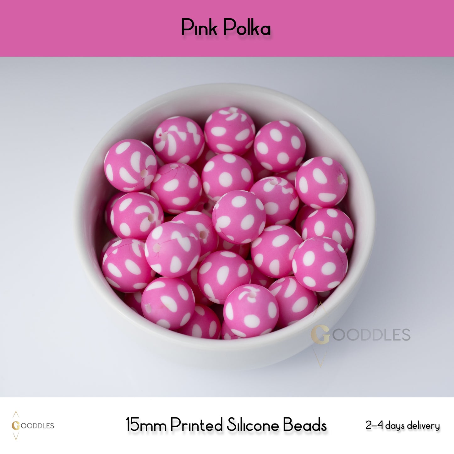 5pcs, Pink Polka Silicone Beads Printed Round Silicone Beads