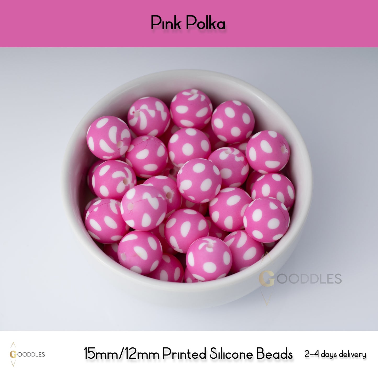 Pink Polka Silicone Beads Printed Round Silicone Beads