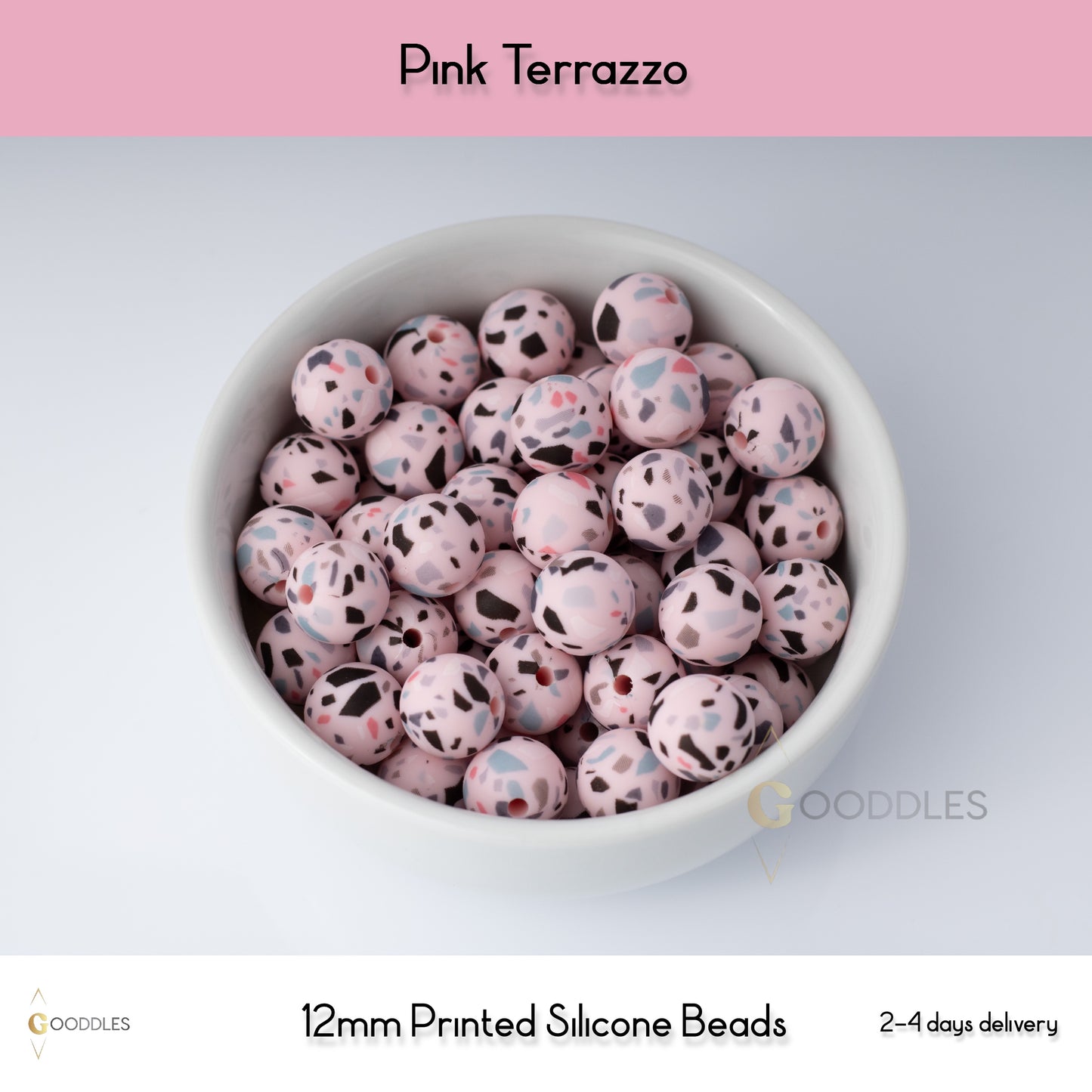 5pcs, Pink Terrazzo Silicone Beads Printed Round Silicone Beads