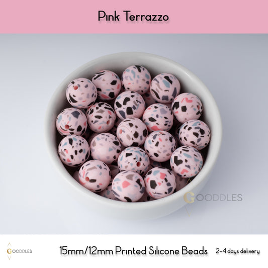 Pink Terrazzo Silicone Beads Printed Round Silicone Beads