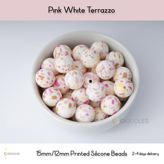 Pink White Terrazzo Silicone Beads Printed Round Silicone Beads