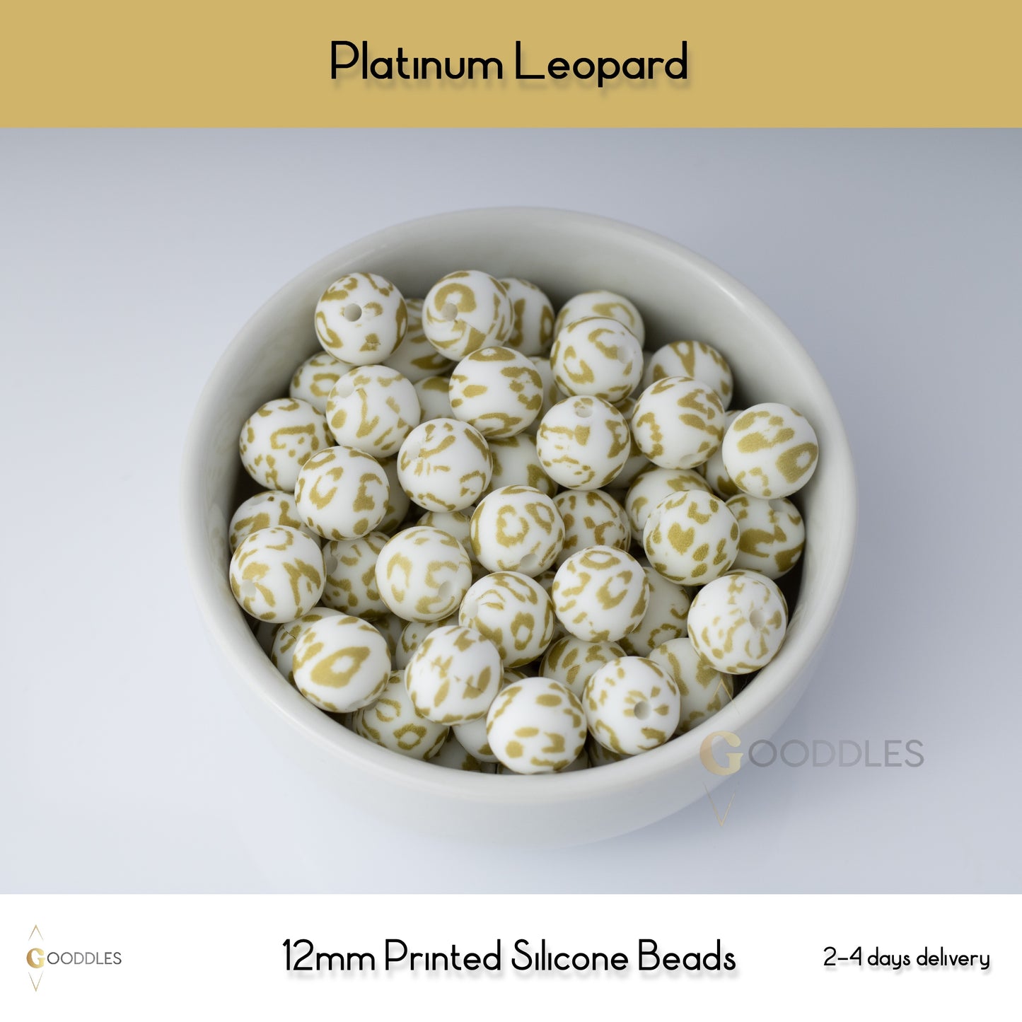5pcs, Platinum Leopard Silicone Beads Printed Round Silicone Beads