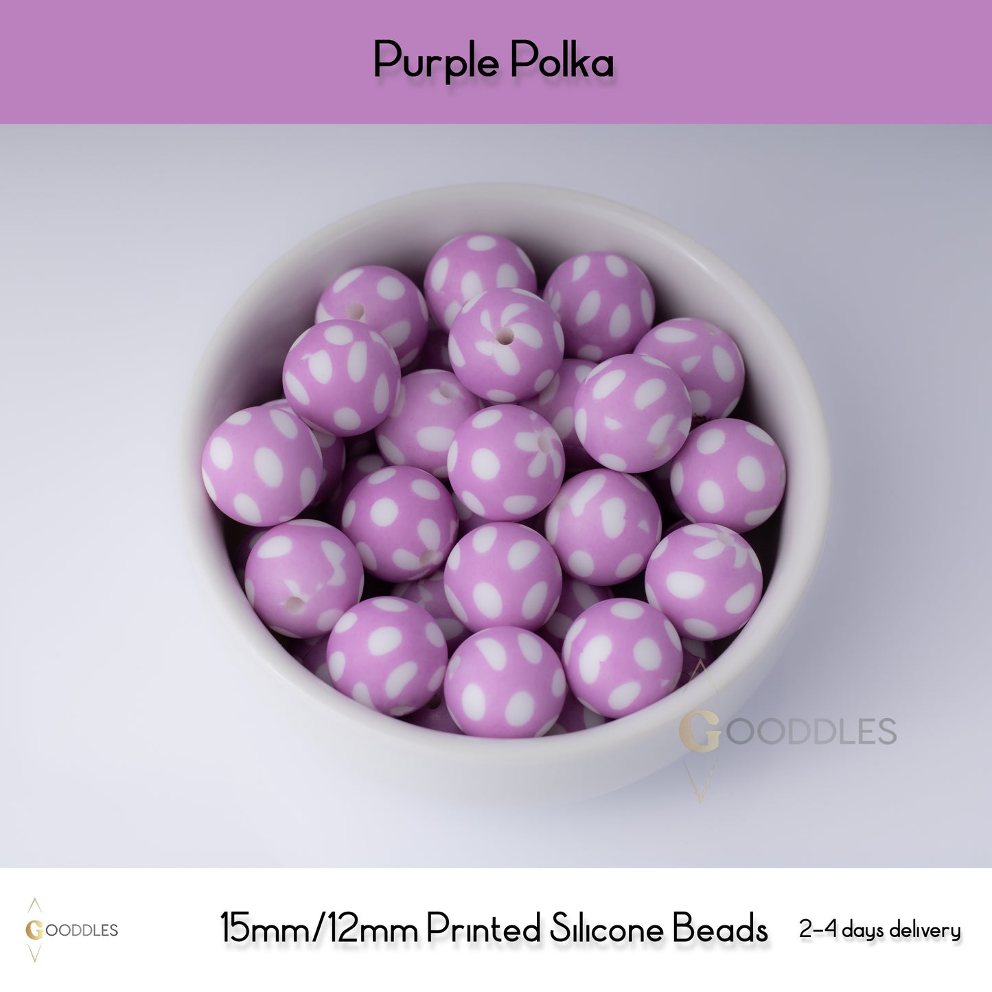 5pcs, Purple Polka Silicone Beads Printed Round Silicone Beads
