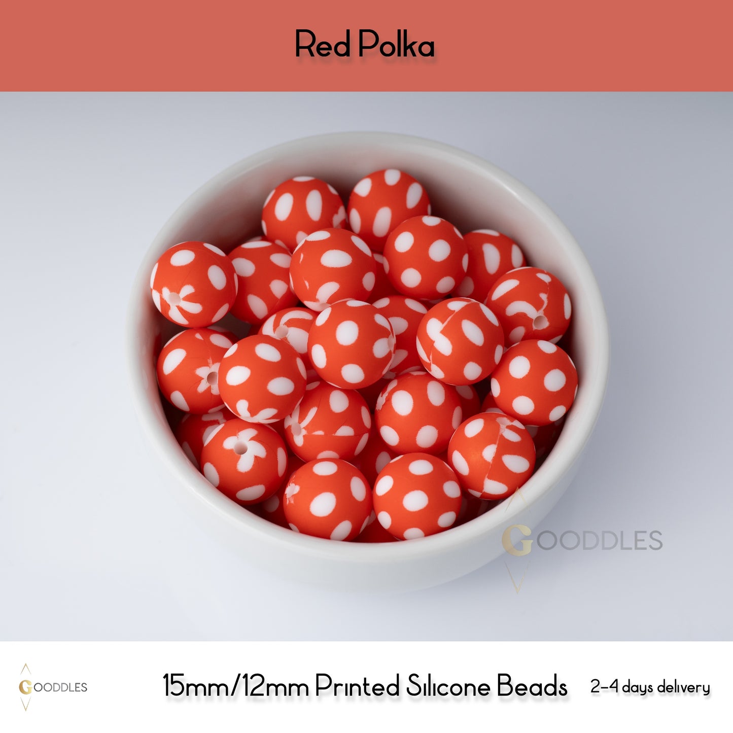 5pcs, Red Polka Silicone Beads Printed Round Silicone Beads