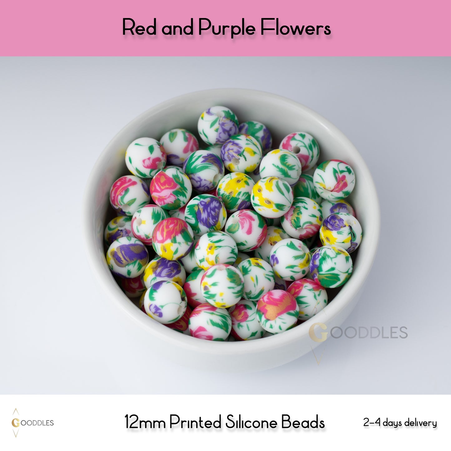 5pcs, Red and Purple Flowers Silicone Beads Printed Round Silicone Beads
