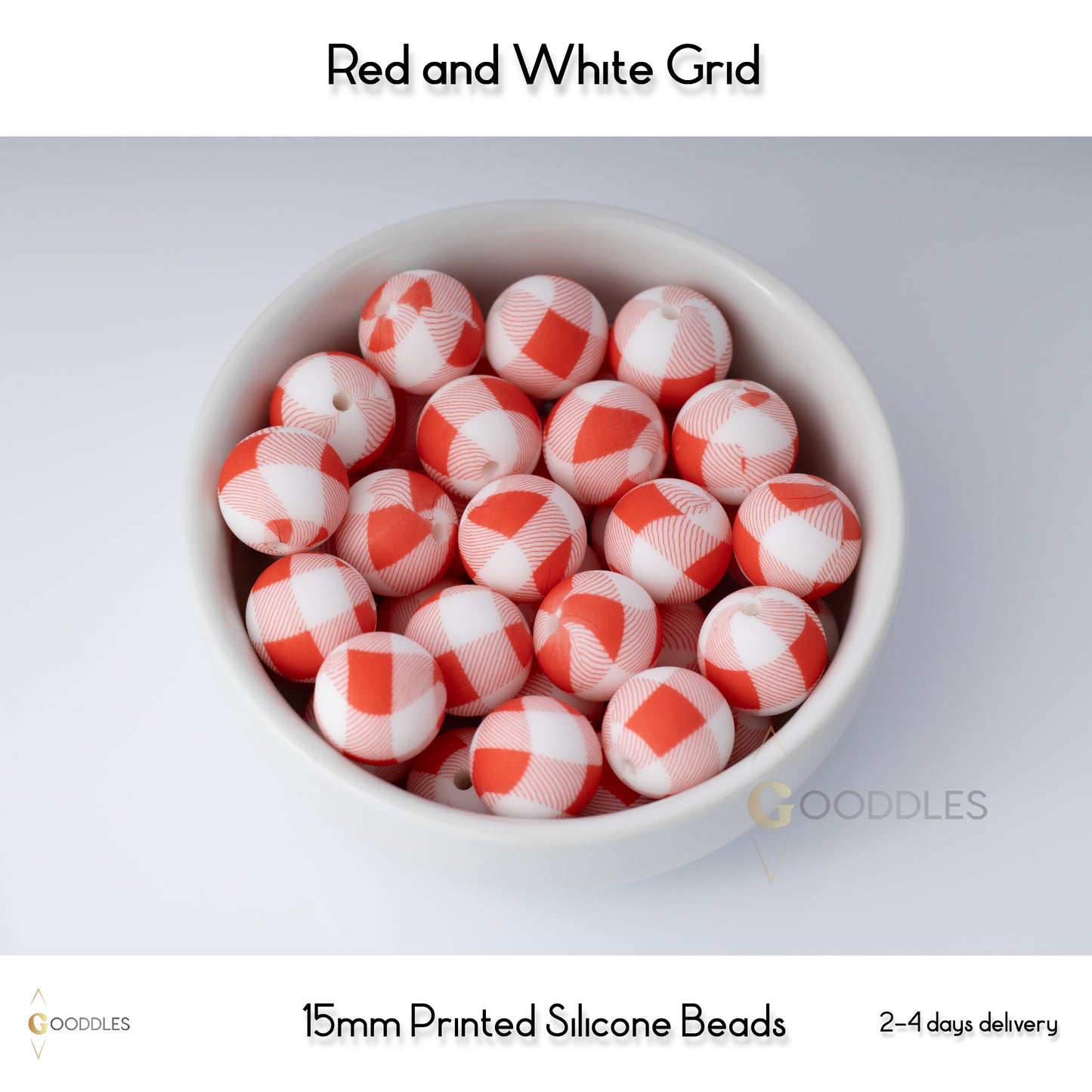 5pcs, Red and White Grid Silicone Beads Printed Round Silicone Beads