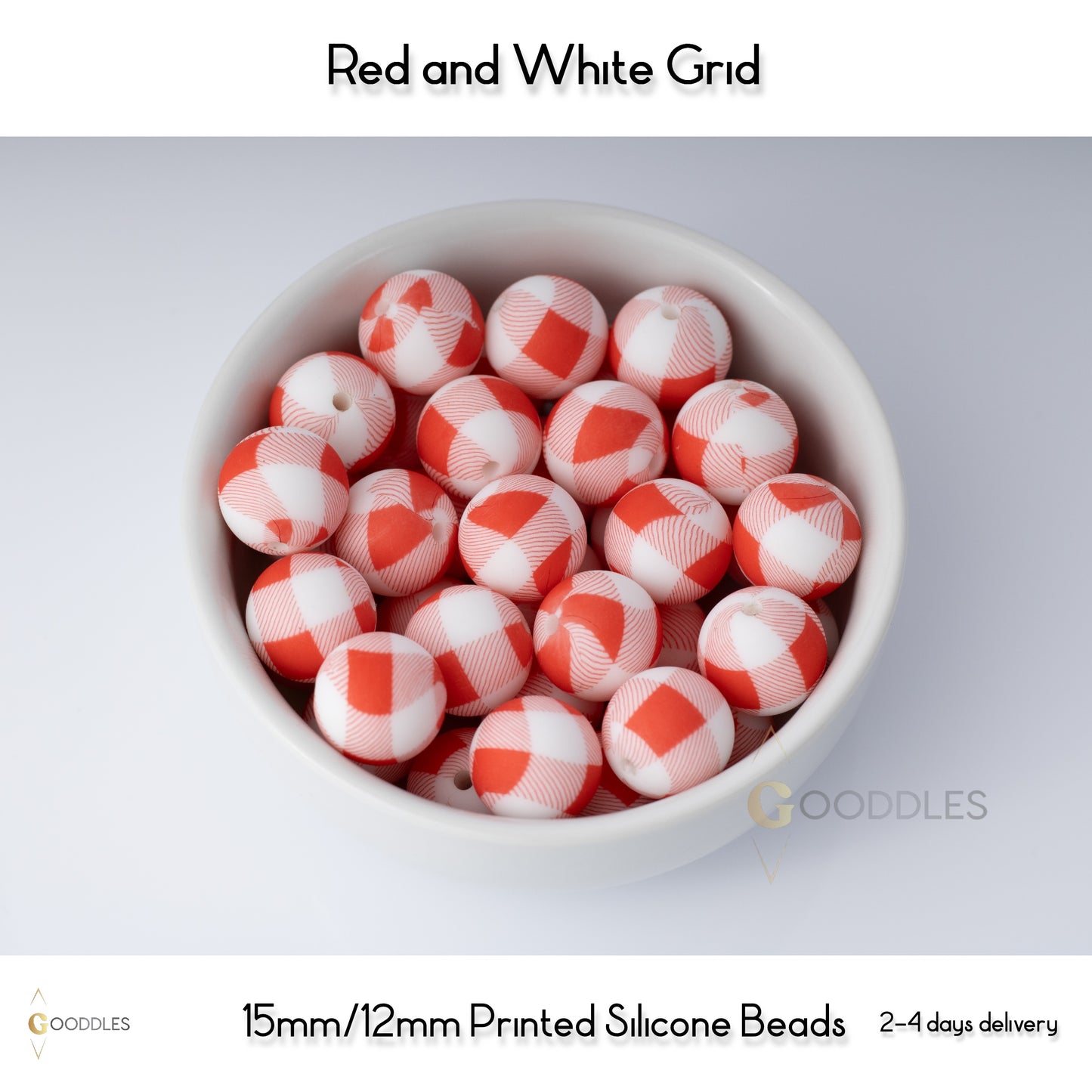 5pcs, Red and White Grid Silicone Beads Printed Round Silicone Beads