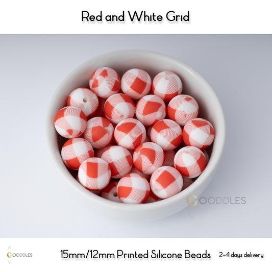 Red and White Grid Silicone Beads Printed Round Silicone Beads